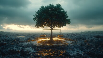 A glowing tree growing from a balanced scale symbolizing justice as the foundation for growth and harmony in society