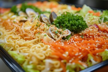 Korean cuisine includes snacks like rice kimbap spicy vegetables cheese tuna and various noodles such as bibim and kalguksu often featuring clams and served col