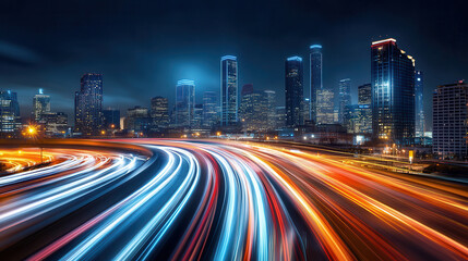 Obraz premium vibrant futuristic cityscape at night with illuminated skyscrapers and dynamic light trails from traffic, showcasing urban energy and motion