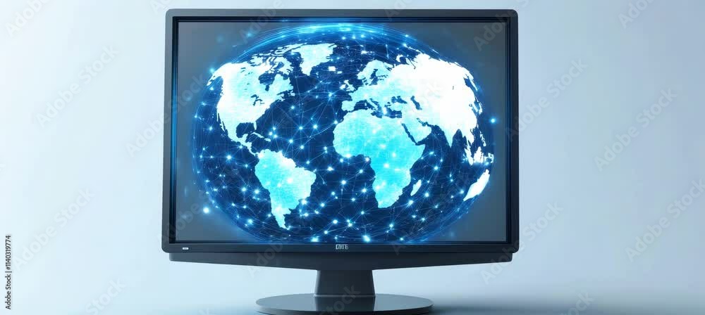 Poster World map on computer screen. Global internet network telecom and communication. Generative video AI technology.	

