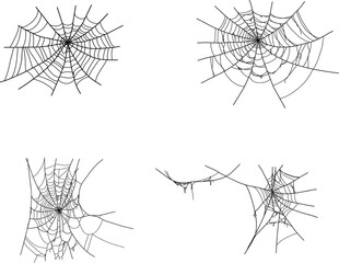 Set with spider web icons. Halloween decoration with cobweb. Spiderweb flat vector illustration. Isolated graphic. Horror, fear and creepy cartoon art concept. Net outline sketch on white background.