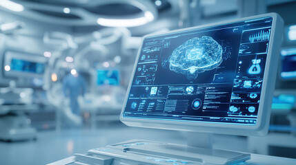 Fototapeta premium futuristic healthcare facility with computer displaying brain scans and holographic data
