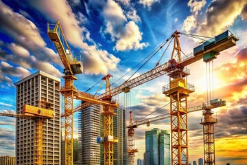 Fototapeta premium Construction Cranes Skyline Cityscape Industrial Building Machinery High Rise Crane Equipment Lifting Heavy Duty