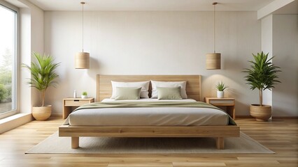 Simplistic serene bedroom featuring a wooden double bed