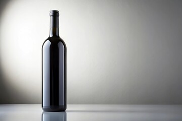 Single black wine bottle on white surface with shallow depth of field