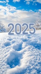 The number "2025" is written in white snow, with the background of a blue sky and clouds, creating a fresh winter atmosphere