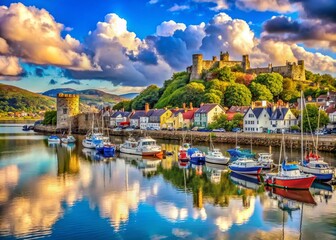 Conwy Harbour Panoramic View, Welsh Coastline, Stunning Seascape, Dramatic Sky, Coastal Town, UK Travel Photography