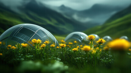 Naklejka premium Futuristic domes with solar panels in lush green valley surrounded by yellow flowers and mountains