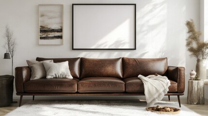 Brown leather sofa with blank frame and artwork in a bright interior.
