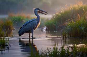 Shoebill Stork Standing Motionless in a Misty Marsh, Its Massive Beak Highlighted By the Soft Morning Light, Water Reflecting And Morning Sun Shine