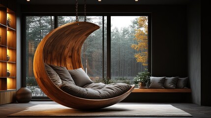 Modern crescent moon chair in dark room.