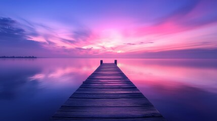 Fototapeta premium Serene twilight scene with glowing layers of purple and soft pink hues reflecting on a calm lake, showcasing a wooden pier extending into the vibrant sky