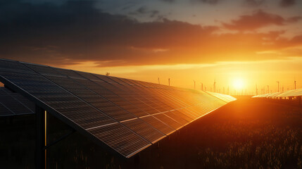 Solar panels in vast field at sunset, with wind turbines in background, showcasing renewable energy and sustainability