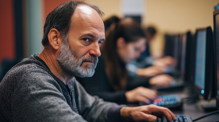 A man in his 50s learning how to code in a beginner programming course at a community college.