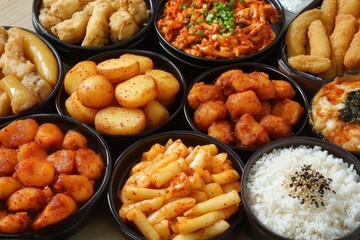 Korean meal of various fried snacks like chicken tteokbokki and others