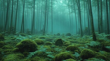 Obraz premium Misty forest path with moss covered ground.