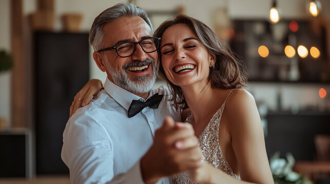 A middle-aged couple learning ballroom dance for the first time, laughing and enjoying the experience