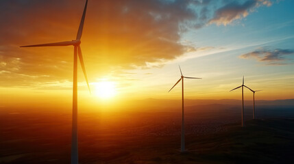 Wind turbines on hill at sunset, generating renewable energy with serene atmosphere
