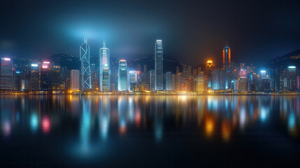 Naklejka premium vibrant modern city skyline illuminated at night, reflecting on calm water, showcasing urban energy and architectural brilliance
