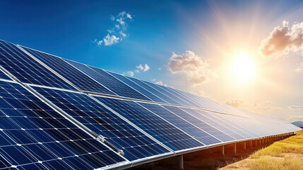 Solar panels in sunny field generating renewable energy with clear blue sky