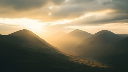 An Enchanting Baroque-Inspired Mountain Landscape at Twilight Surrounded by Dramatic Clouds and Golden Light