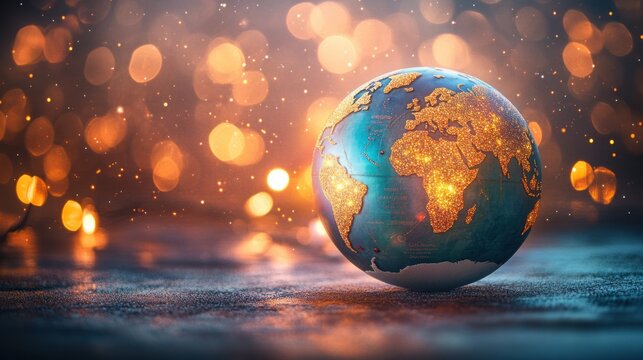 A sparkling Christmas globe ornament with a vibrant world map design, glowing warmly against a backdrop of twinkling holiday lights