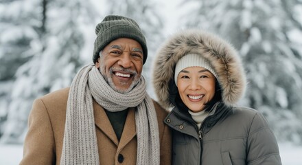 Obraz premium Winter portrait of smiling elderly african male and asian female in warm clothing in snowy park