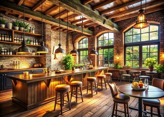 Cozy Rustic Bar Interior: Large Windows, Warm Lighting, Food Photography