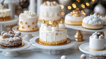 An Exquisite Baroque Dessert Platter Featuring Intricately Decorated Cakes with Gold Leaf Touch and Elegant Marble Presentation
