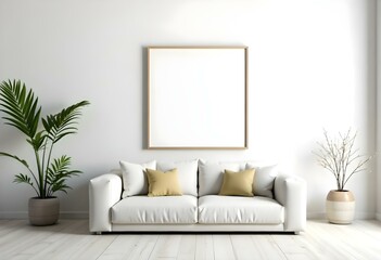 A minimalist living room with a white sofa, a framed artwork on the wall, and decorative plants