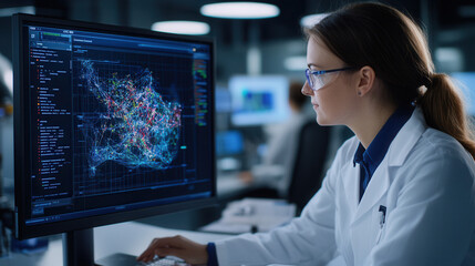 Obraz premium scientist in lab coat examines digital 3D map on computer screen in modern laboratory