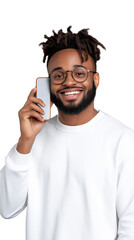 Smiling African American man with glasses holding phone, studio portrait