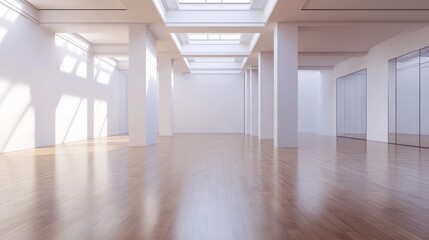 Fototapeta premium A spacious, well-lit interior with wooden flooring and large windows.