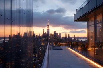 panorama of the evening city at sunset, a modern city at sunrise, 3D rendering