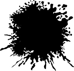 A bold black ink splatter on a white background, featuring an irregular circular shape with dynamic splashes, drips, and splatters extending outward in vector