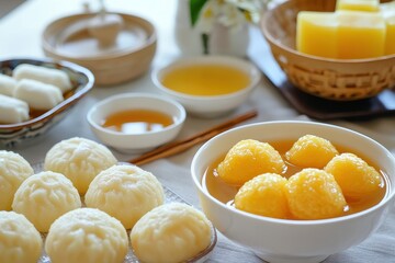 Korean traditional sweet sauce grain syrup Jocheong and sweet cookies like Hangwa and Yugwa in white and yellow