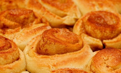 freshly made tray of cinnamon rolls, macro food background