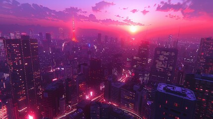 Fototapeta premium A vibrant cityscape at sunset, showcasing skyscrapers and glowing lights in a futuristic setting.