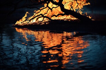 Fiery blaze engulfs a silhouetted tree near a dark water body, creating a dramatic reflection.