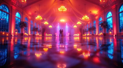 Fototapeta premium A vibrant dance scene in an elegantly lit ballroom with reflections on the floor.