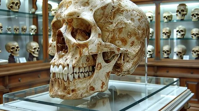 Discovering human anatomy through detailed skull displays in an educational exhibit at a local museum