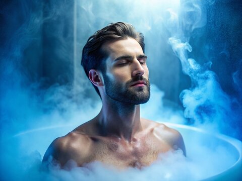 Cryotherapy Relaxation: Man in Cryo Chamber, Deep Blue Mist, Soft Light
