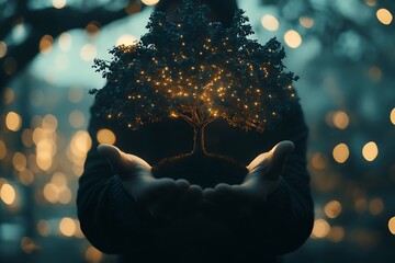Hands hold lights in the evening in the garden