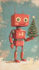 Fototapeta premium Cheerful red robot holding a miniature Christmas tree.