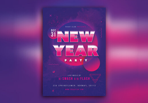 New Year Party Flyer or Poster with Event Details in Abstract Gradient Style.