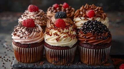 Stack of classic and gourmet creamy cupcakes 