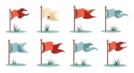 Set of Colorful Flag Illustrations Featuring Red, Beige, and Blue Flags Waving on Poles with Grass Design, Ideal for Graphic Resources and Digital Projects.