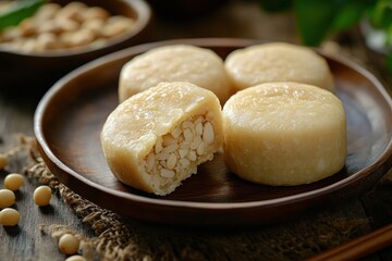 Fototapeta premium Kue ku A dessert with mung bean filling made from glutinous rice flour served on a brown plate