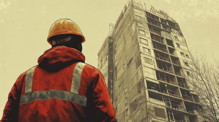Construction Worker Observing High-Rise Building Under Construction