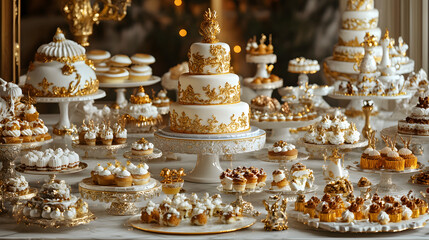 An Elaborate Baroque-Inspired Dessert Table Featuring Gourmet Cakes with Ornate Designs and Gold Leaf on Luxurious Marble Platters